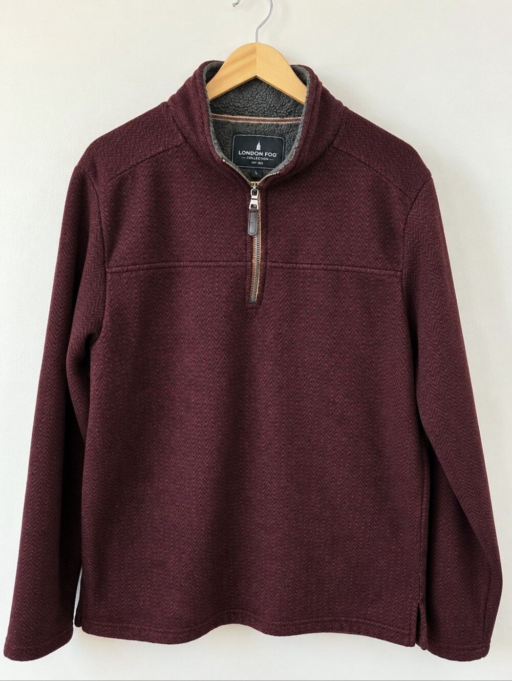 London Fog Men’s Large Burgundy Herringbone Quarter Zip Pullover Fleece Lined